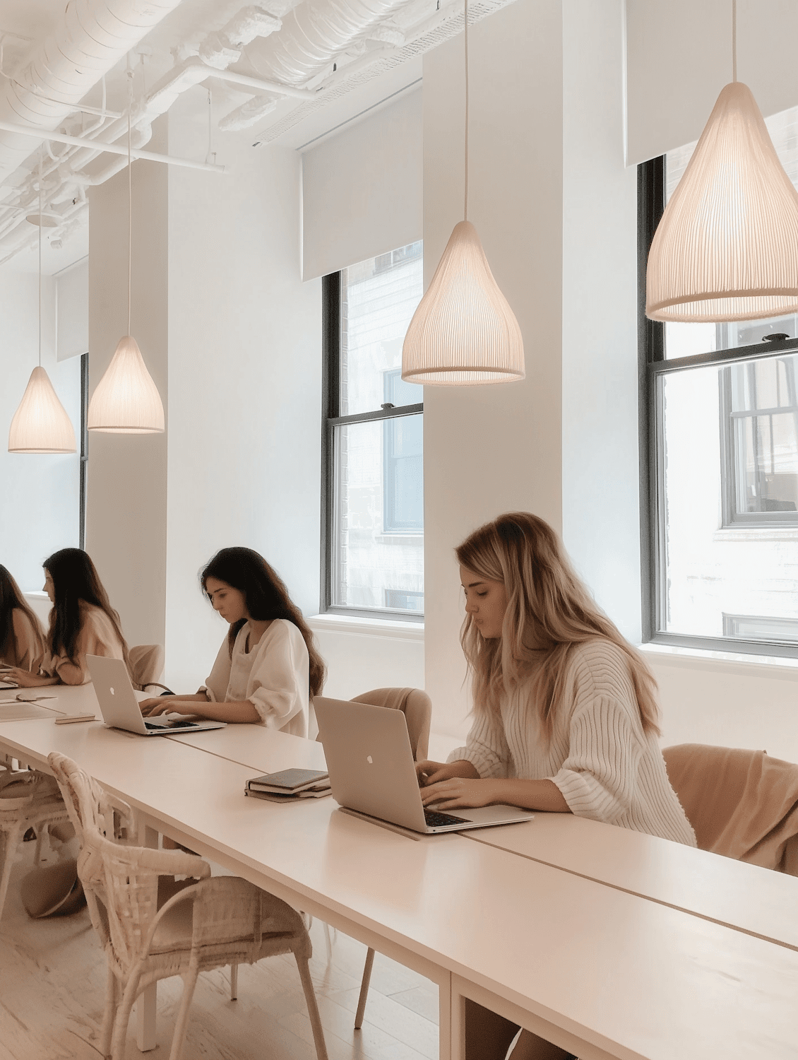 A sales team working at laptops in a bright office